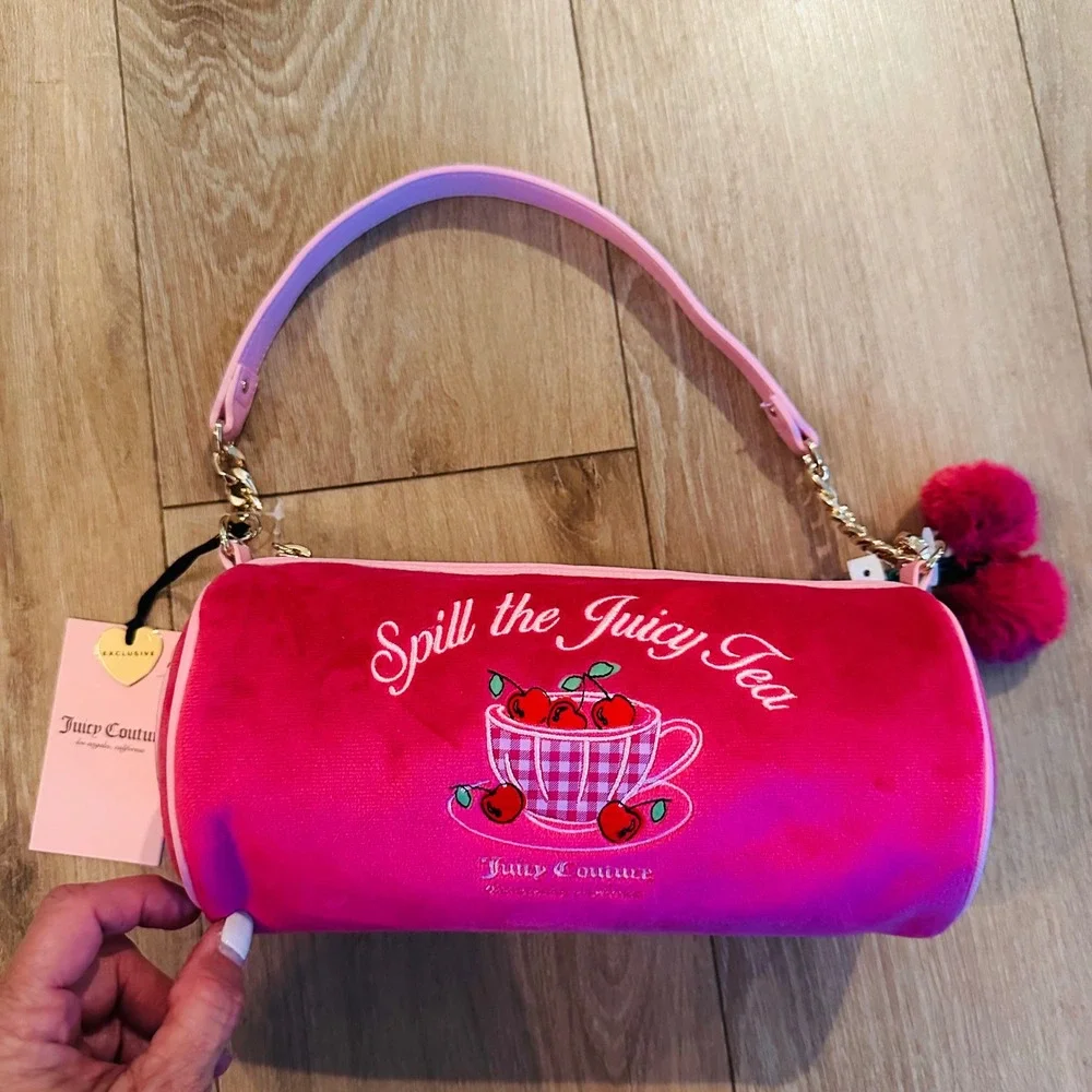 Juicy Couture Spill the Juicy Tea Pink Velour Barrel Bag Cherry Pom Pom NWT